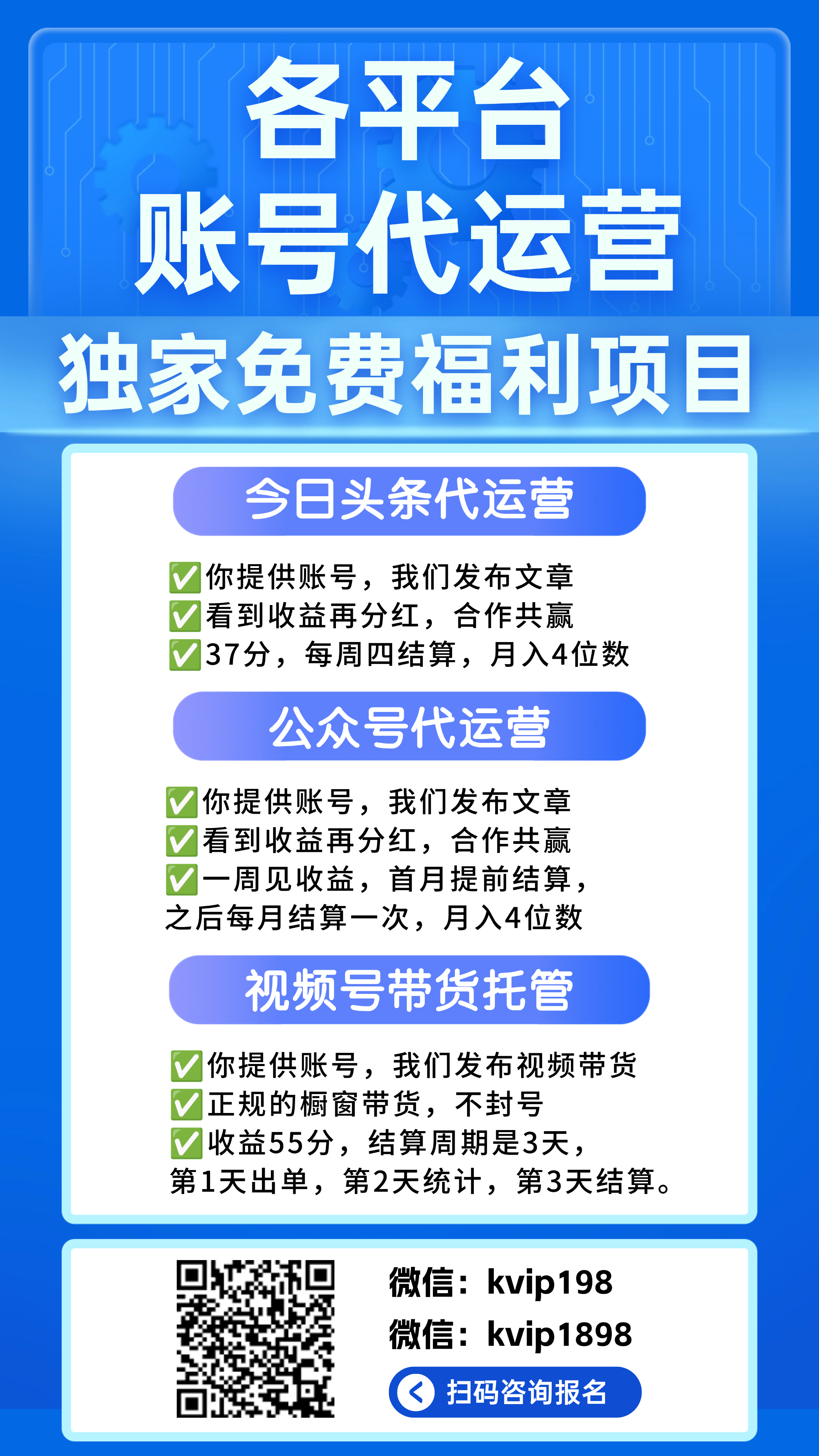 免费项目，视频号，公众号，今日头条代运营，合作共赢