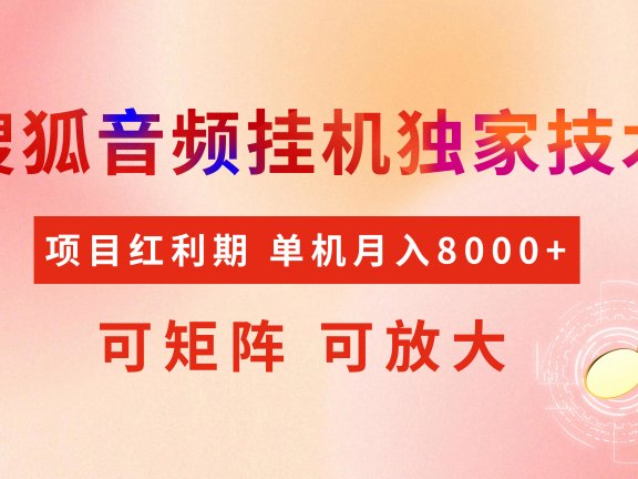 全网首发【搜狐音频挂机】独家技术，项目红利期，可矩阵可放大，稳定月入8000+