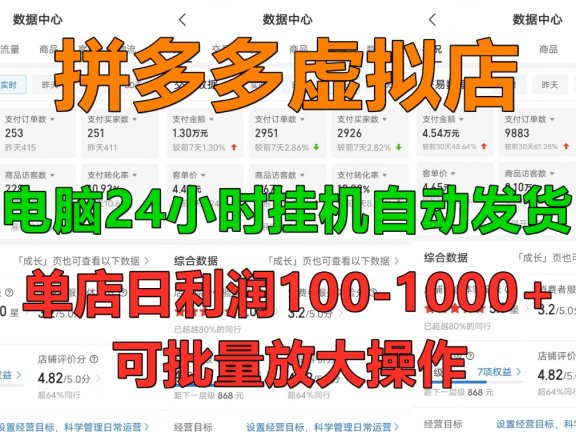 新手首选项目,拼多多虚拟店,单店日利润100-1000+,挂机全自动发货,长久稳定可批量放大操作