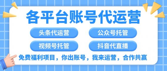 各平台账号代运营,独家免费福利项目,你出账号,我们来运营,坐等分红